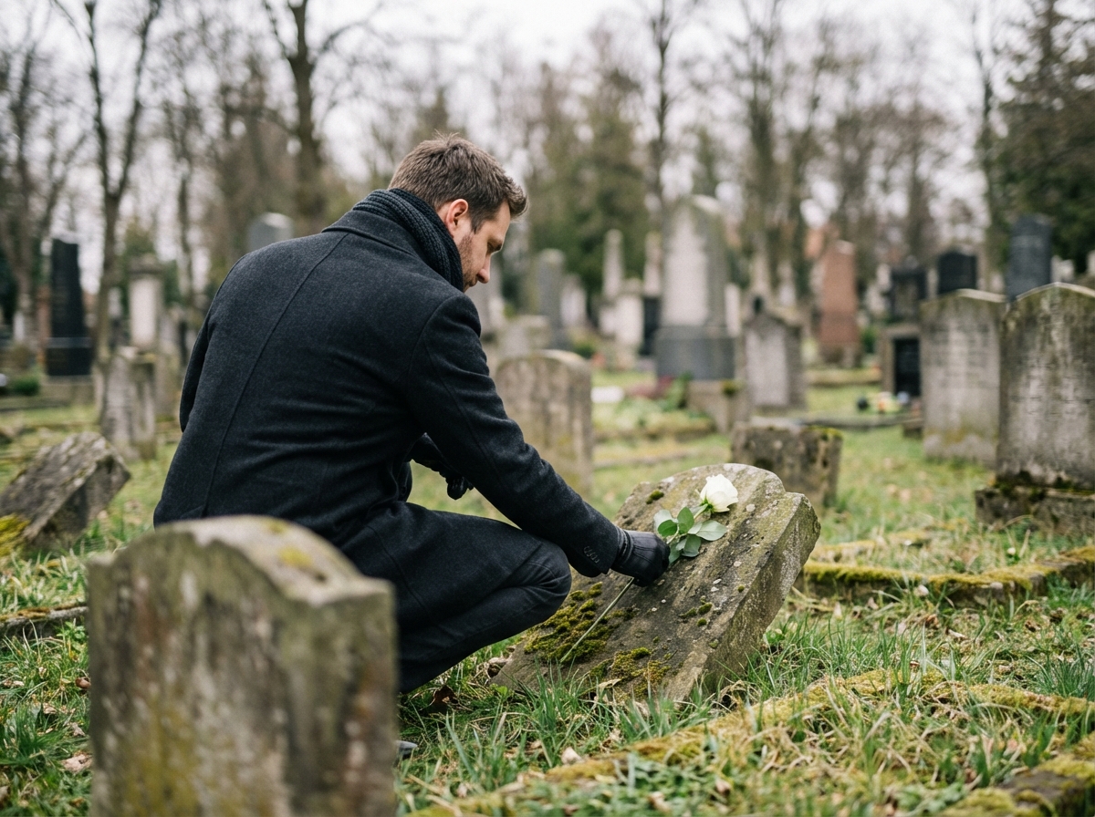 Homme déposé une fleur sur une tombe dans un cimetière