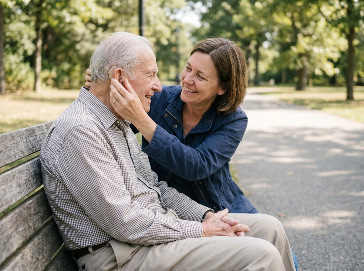 Homme age avec sa fille ajustant une aide auditive