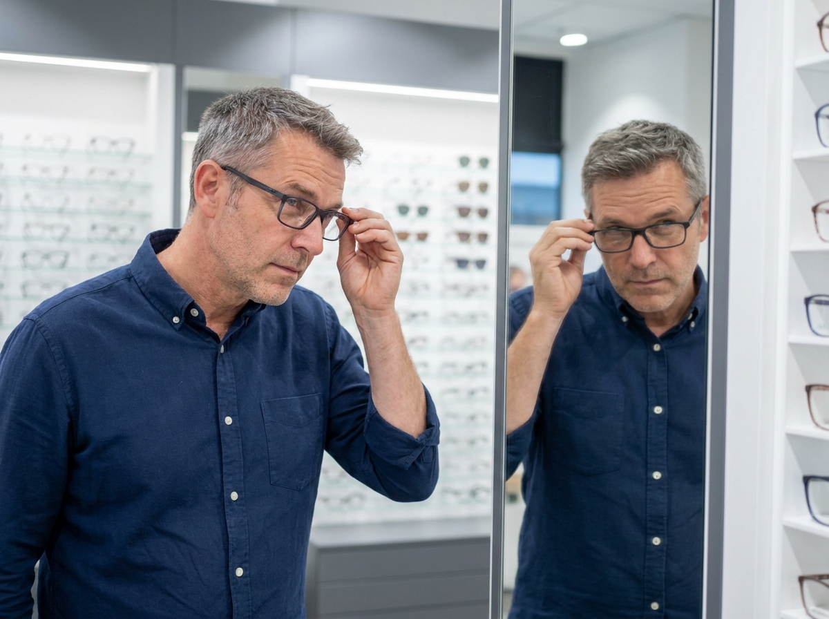 Homme essayant des lunettes devant un miroir dans une boutique d'optique pour choisir sa nouvelle monture