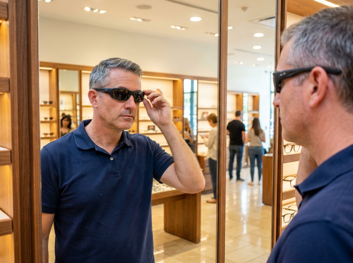 Homme essayant des lunettes de soleil devant un miroir dans un magasin d'optique pour vérifier l'ajustement