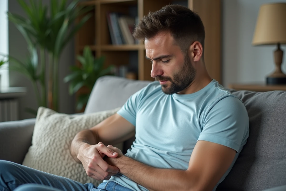 Homme en t-shirt bleu touche son aisselle dans un salon cosy