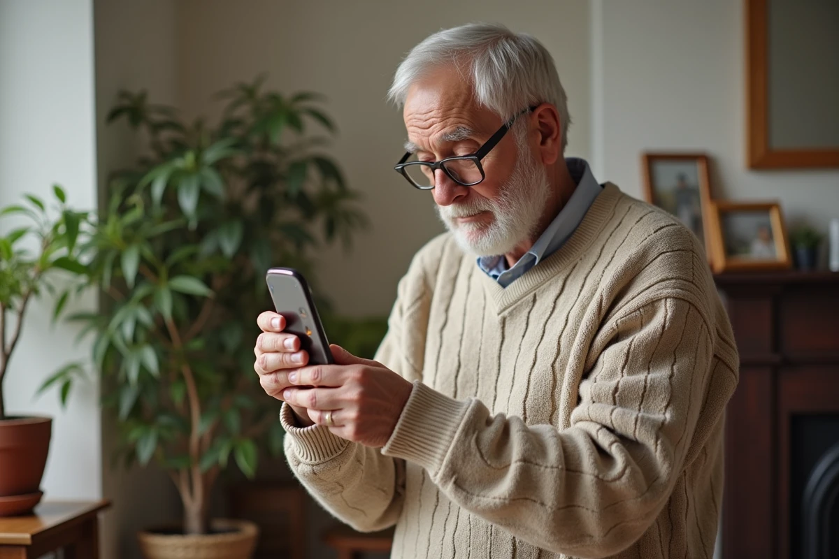 Homme &acirc;g&eacute; inspectant une tache sur son bras avec un miroir