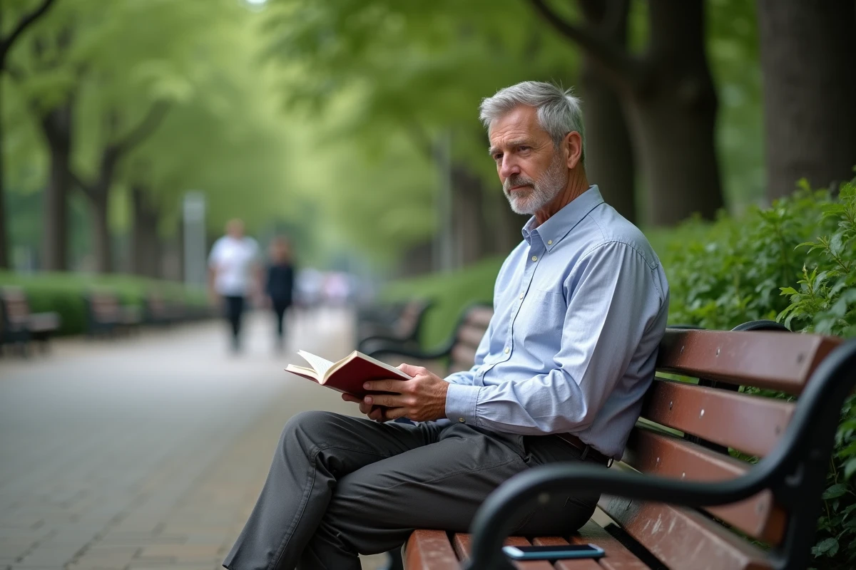Homme lisant sur un banc dans un parc urbain