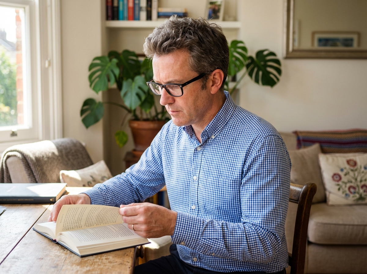 Homme lisant un livre dans un salon lumineux