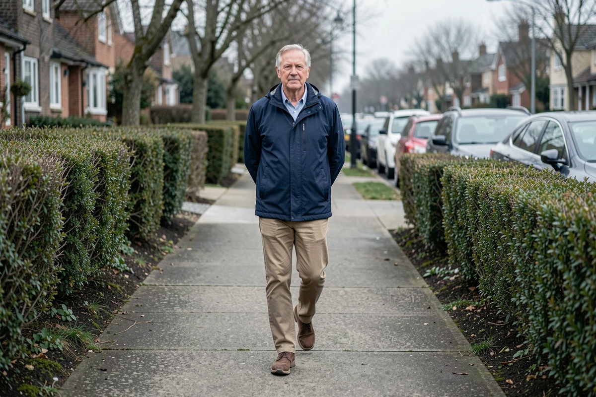 Homme âgé marchant lentement sur un trottoir résidentiel, illustrant la marche lente et la comparaison du nombre de pas par kilomètre