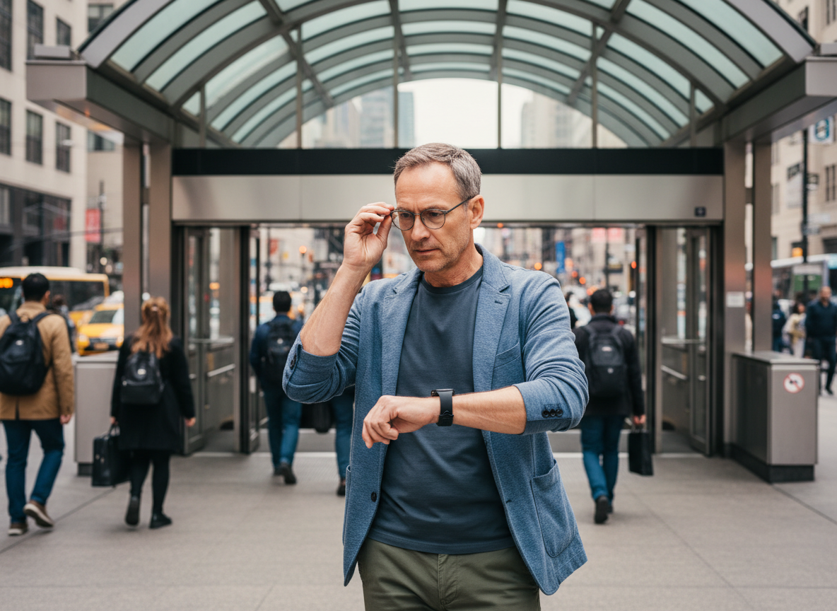 Homme en veste sport vérifiant sa montre à la station de métro