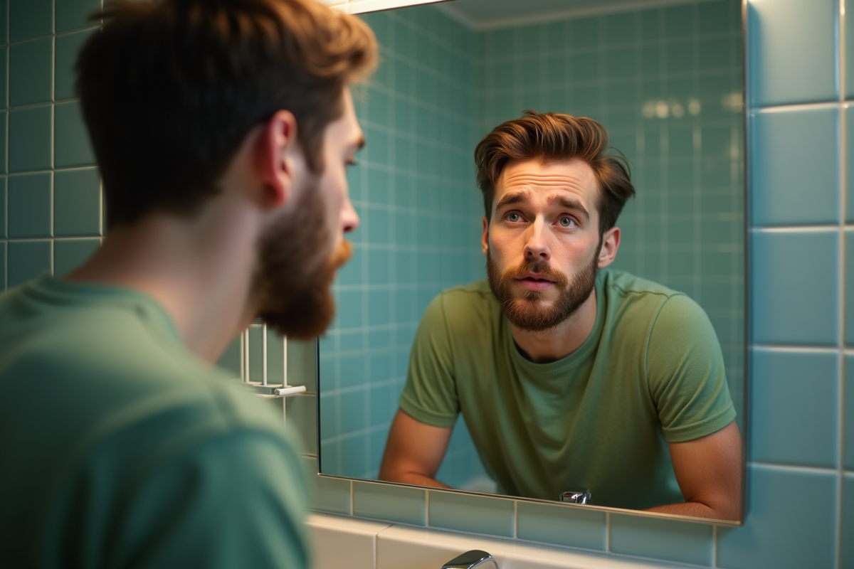 Jeune homme regardant son visage dans le miroir de la salle de bain