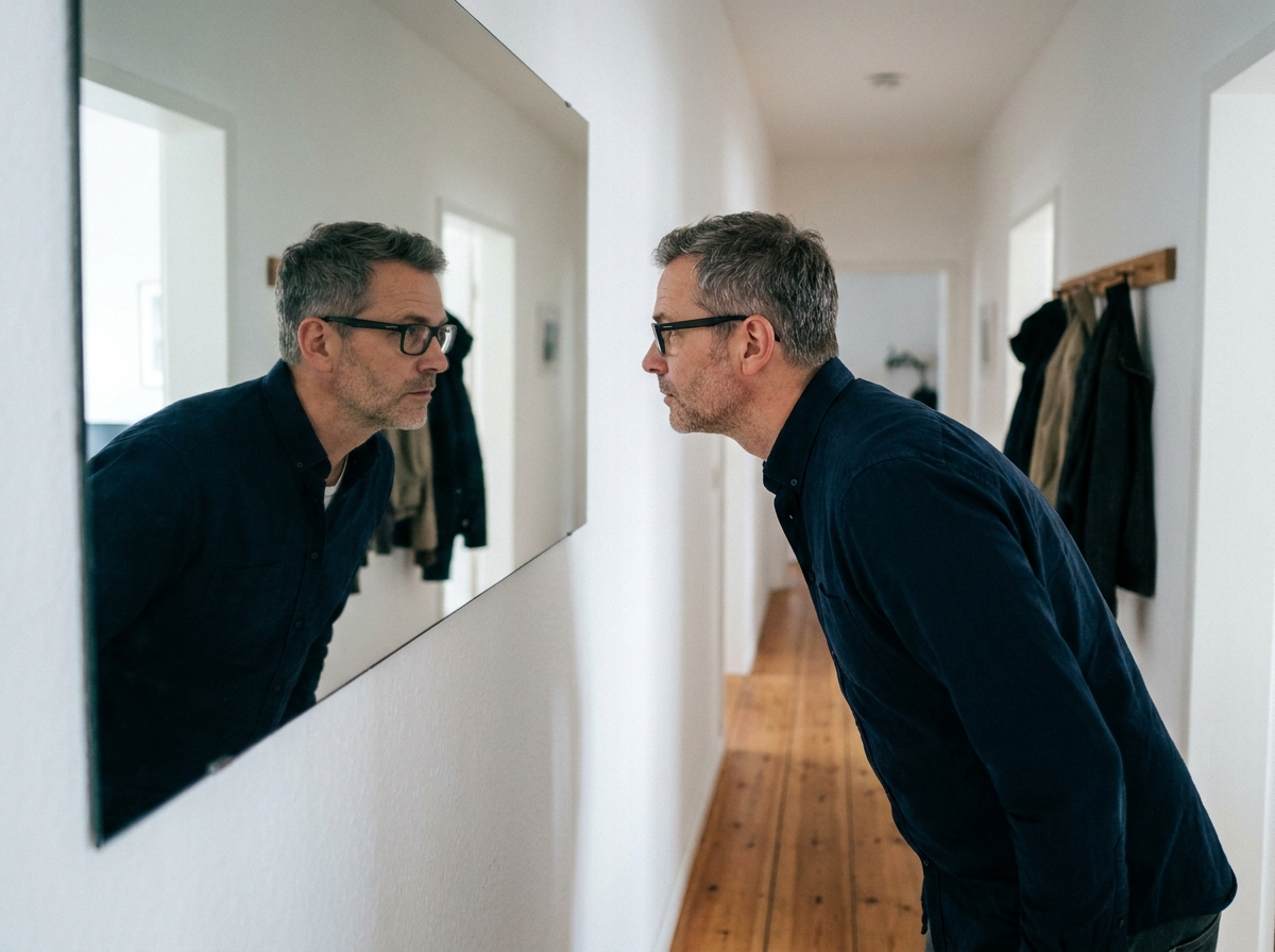 Homme d'âge moyen découvrant sa nouvelle monture de lunettes dans un miroir à son domicile