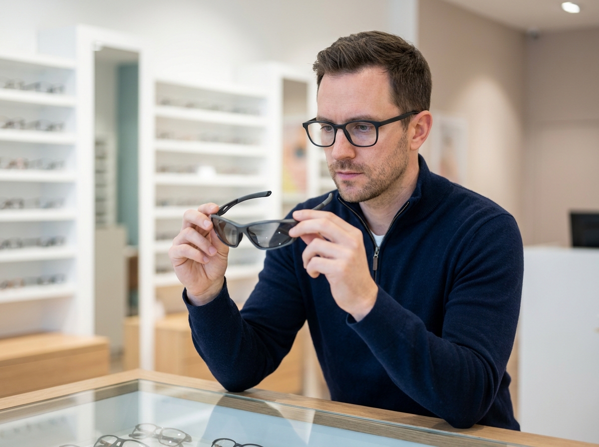 Homme en opticien tenant une deuxième paire de lunettes de sport tout en portant ses lunettes de vue habituelles, comparant deux montures différentes