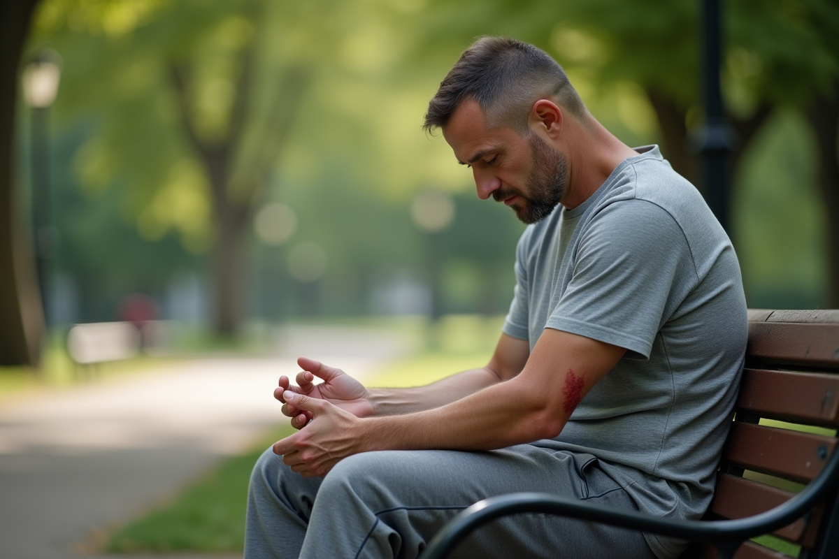 Homme regardant son bras avec des éruptions cutanées