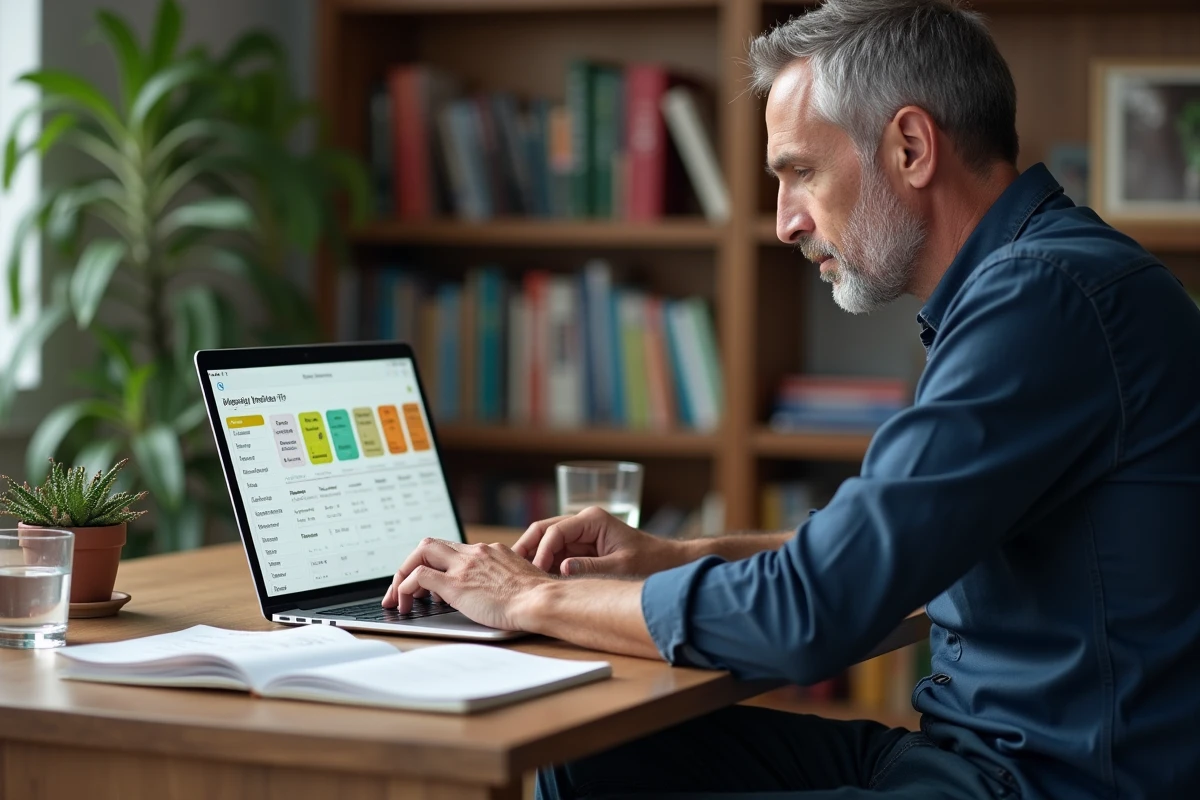 Homme utilisant une application de planification de régime sur ordinateur portable dans un bureau à domicile