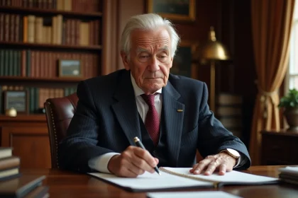 Portrait d'un homme politique français âgé assis à son bureau parisien, regard pensif et posture digne évoquant la maladie et la résilience
