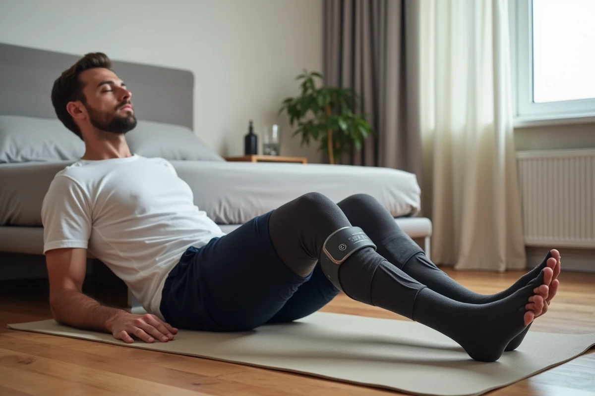 Homme allongé sur un tapis de yoga utilisant des manchons de pressothérapie pour les jambes dans sa chambre