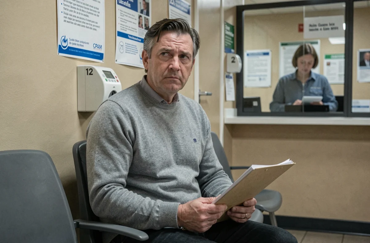 Homme en salle d'attente de la CPAM tenant un dossier de documents relatifs à un risque professionnel