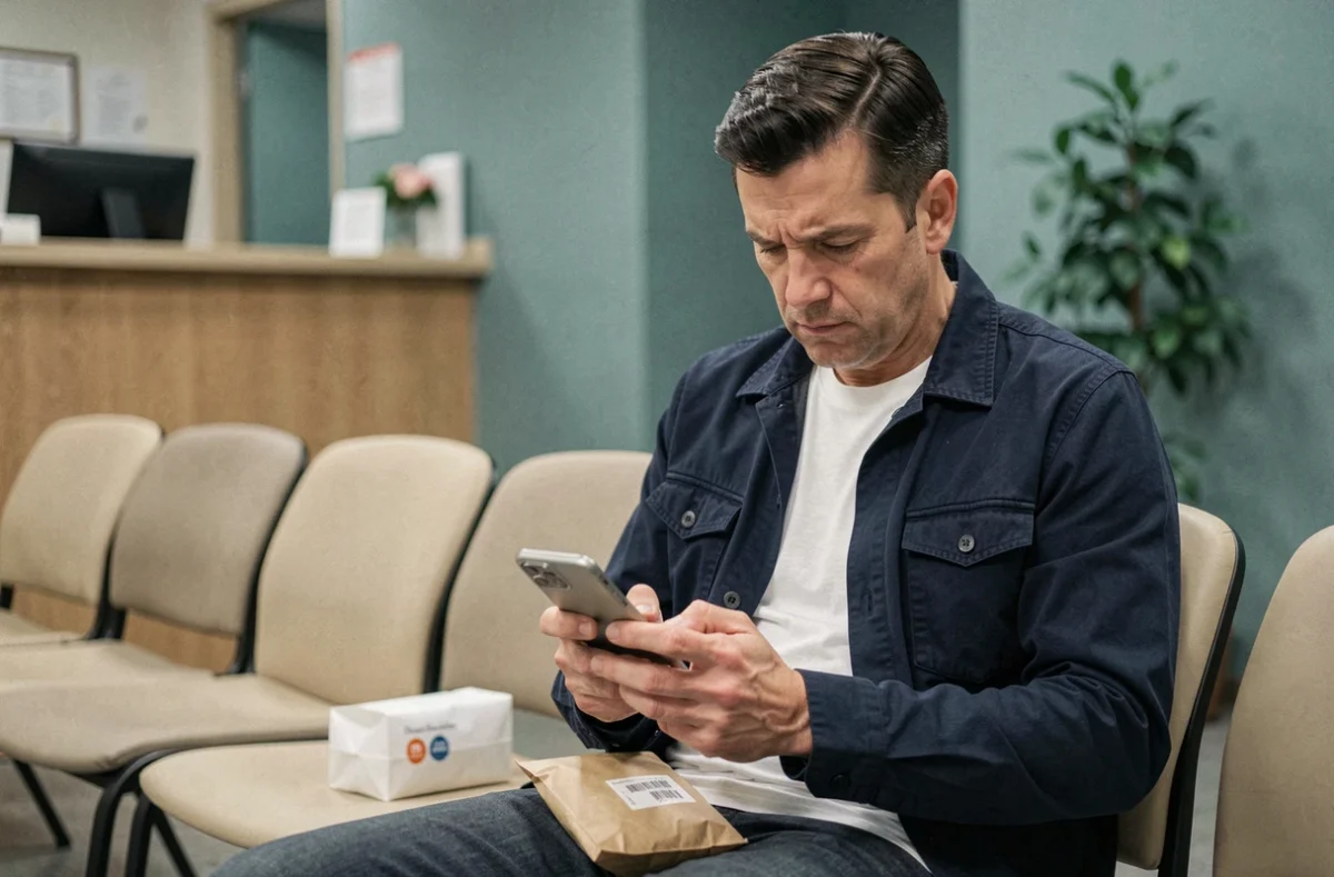 Homme dans une salle d'attente médicale tenant un sac de médicaments et consultant son téléphone sur les effets des antibiotiques et anti-inflammatoires