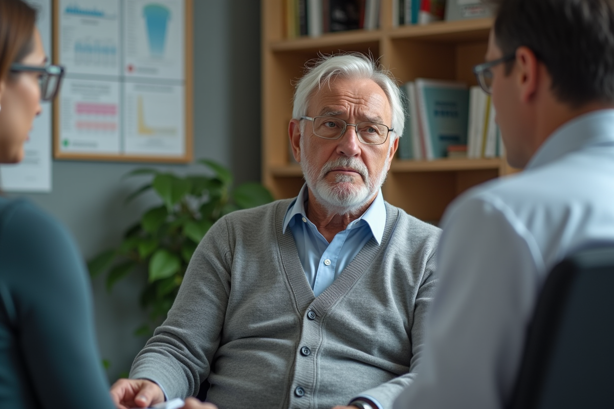 Homme âgé en consultation médicale dans une salle chaleureuse