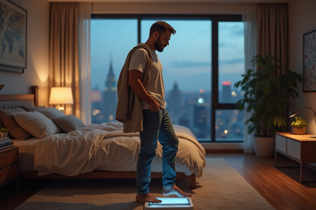 Homme d age sur une balance dans une chambre calme