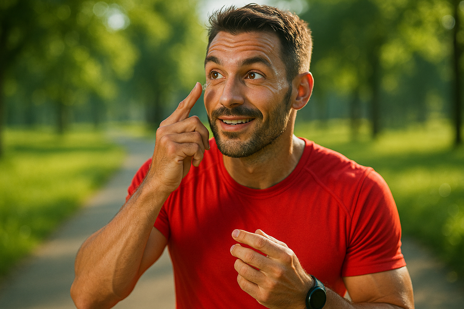 Homme sportif ajustant ses lentilles en courant dans un parc ensoleille