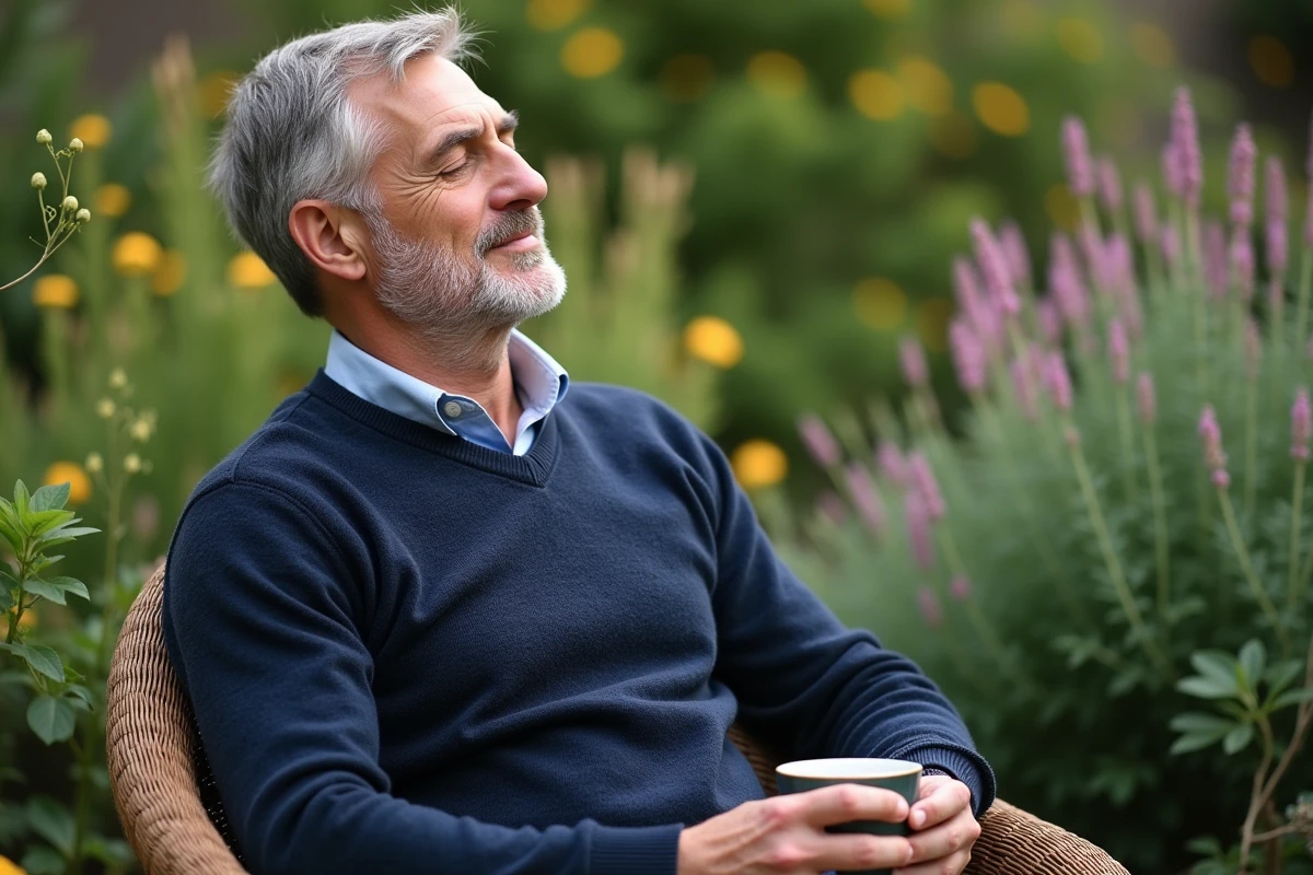 Homme buvant du th&eacute; au thym en ext&eacute;rieur dans un jardin