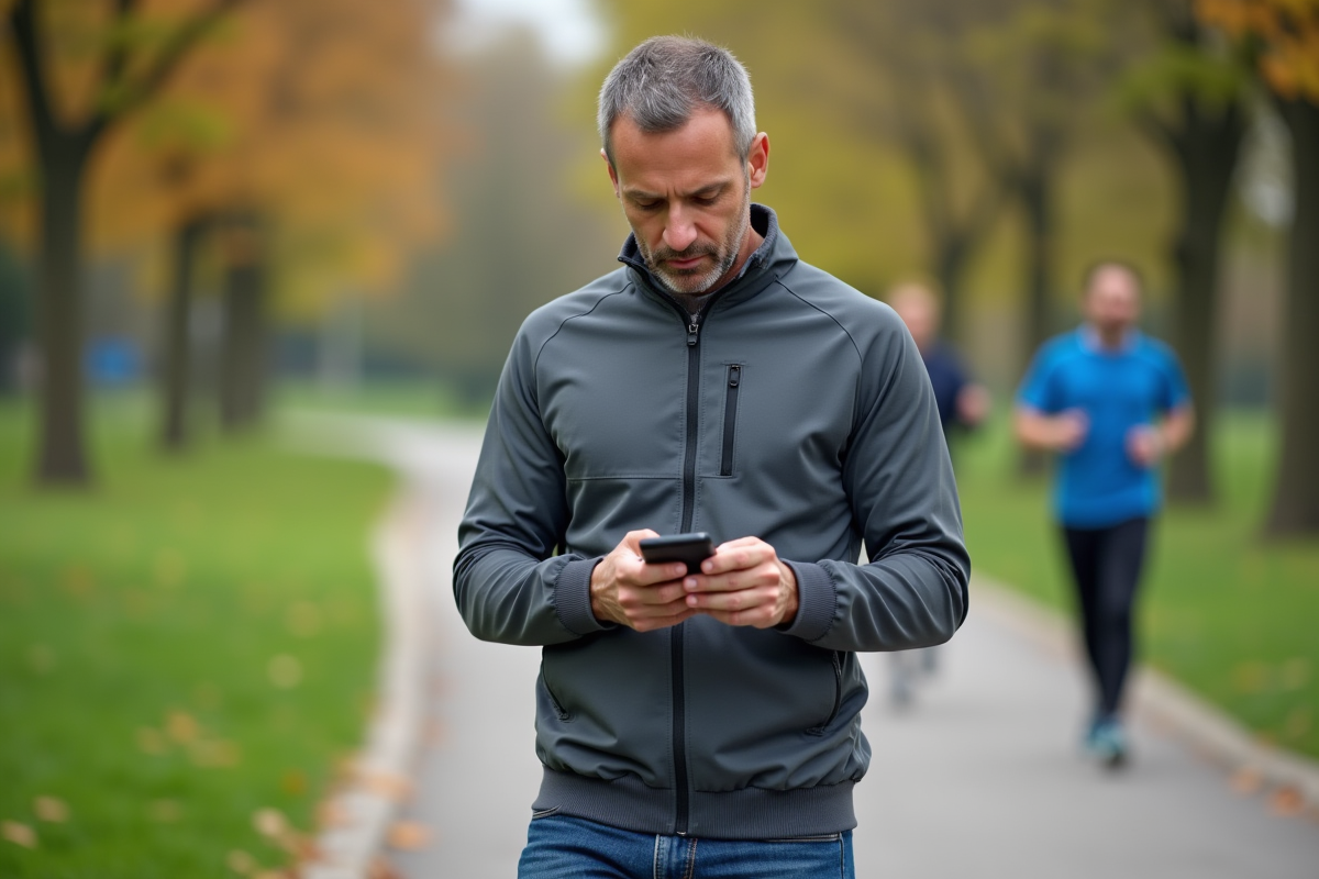 Homme vérifiant ses informations nutritionnelles en extérieur