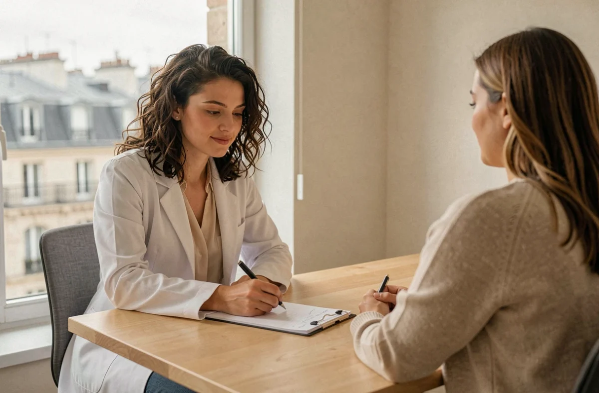 Ostéopathe Ilana Benais en consultation avec une patiente dans un bureau moderne avec vue sur Paris