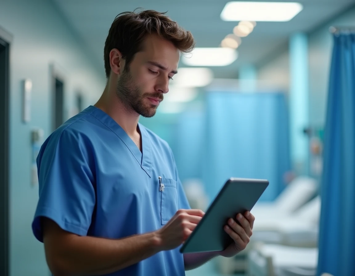 Infirmier consultant des donn&eacute;es m&eacute;dicales num&eacute;riques sur tablette avec protection de confidentialit&eacute; dans un service hospitalier