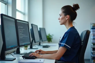 Infirmière consultant des dossiers patients sécurisés sur un poste informatique hospitalier