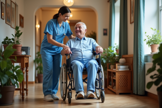 Infirmière aidant un homme âgé souriant dans un home
