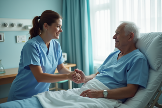 Infirmière aidant un patient âgé dans un lit d'hôpital