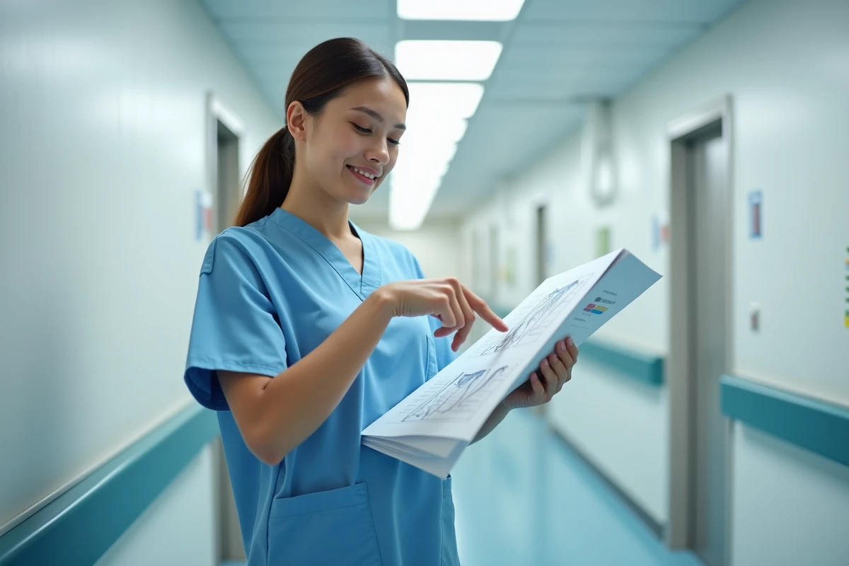 Infirmière en couloir hospitalier présentant un guide de soins pour les troubles intestinaux
