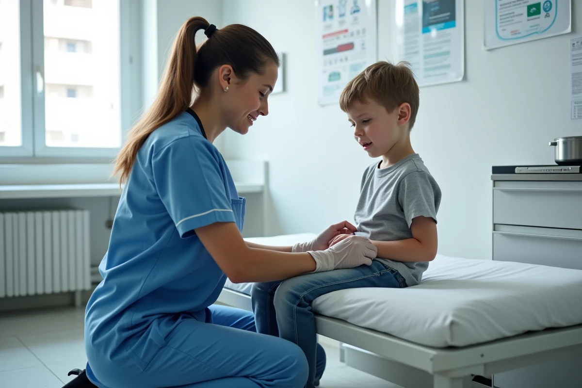 Infirmière pédiatrique soignant la blessure d'un enfant mordu par un brochet dans un cabinet médical