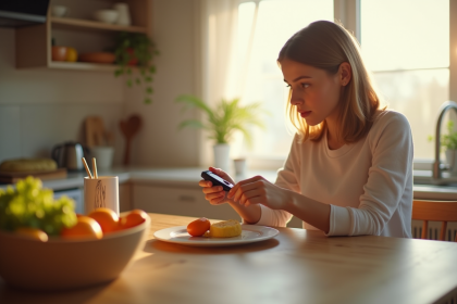 Jeune adulte vérifiant sa glycémie avec un glucometre à la cuisine