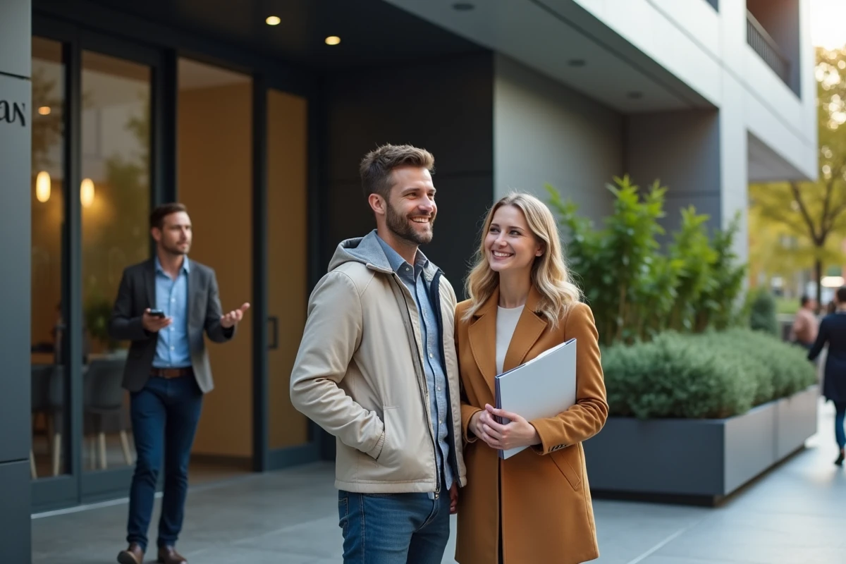 Jeune couple devant un bureau CPAM discutant avec une réceptionniste