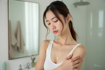 Jeune femme examine son aisselle dans une salle de bain lumineuse