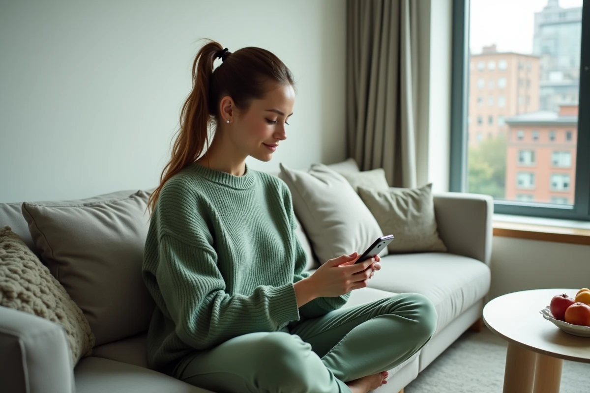 Jeune femme consultant une application de menu de régime motivant sur smartphone dans un salon minimaliste