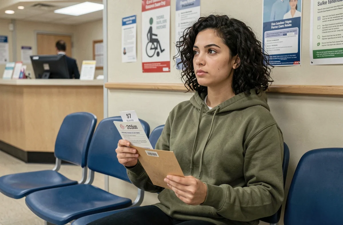Jeune femme en salle d'attente tenant des documents médicaux pour une reconnaissance de maladie auprès de la MDPH