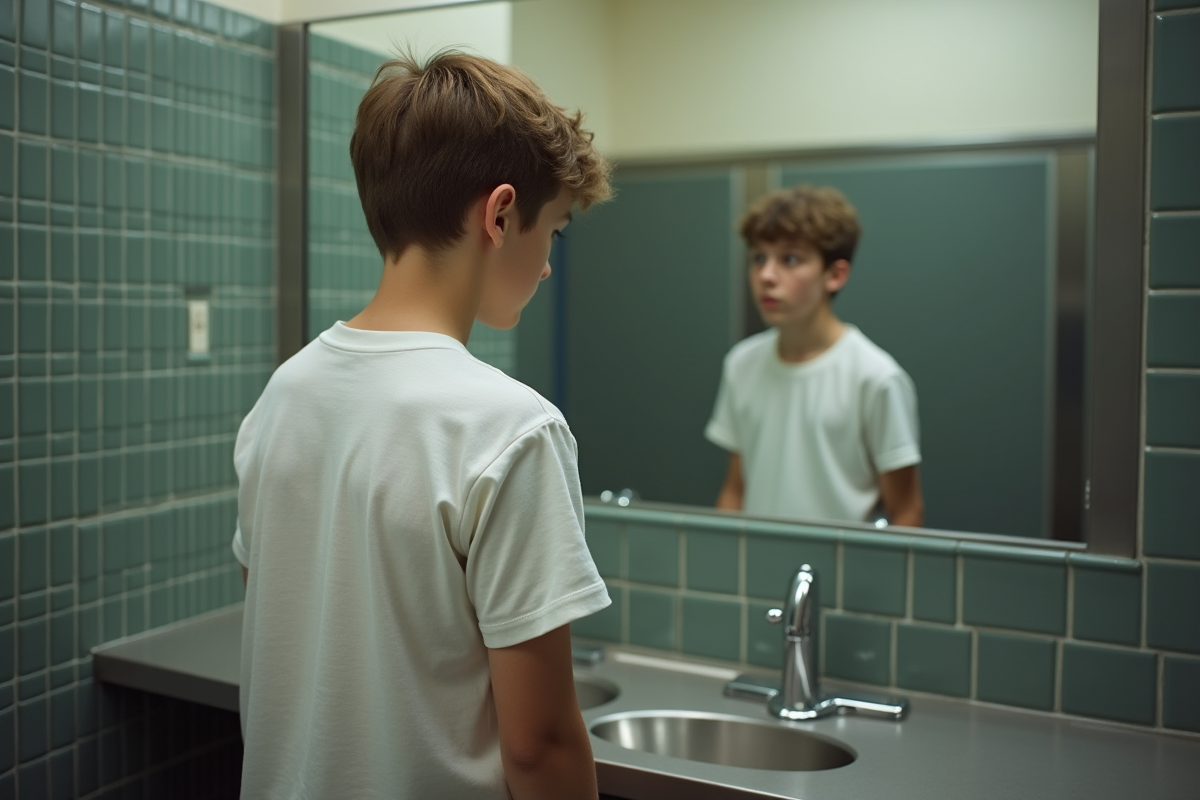 Garçon regardant sa tache dans le miroir à l