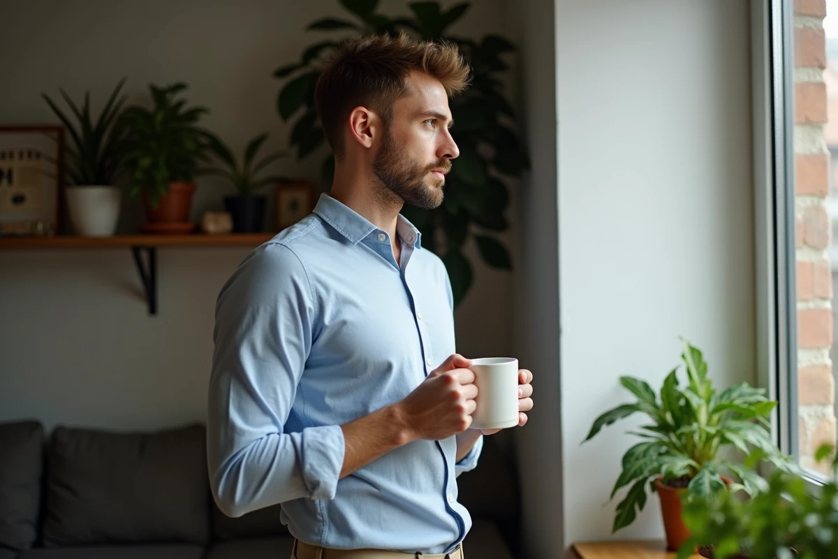 Jeune homme regardant par la fenêtre dans un appartement
