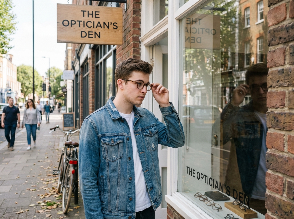 Jeune homme regardant ses lunettes devant une boutique urbaine