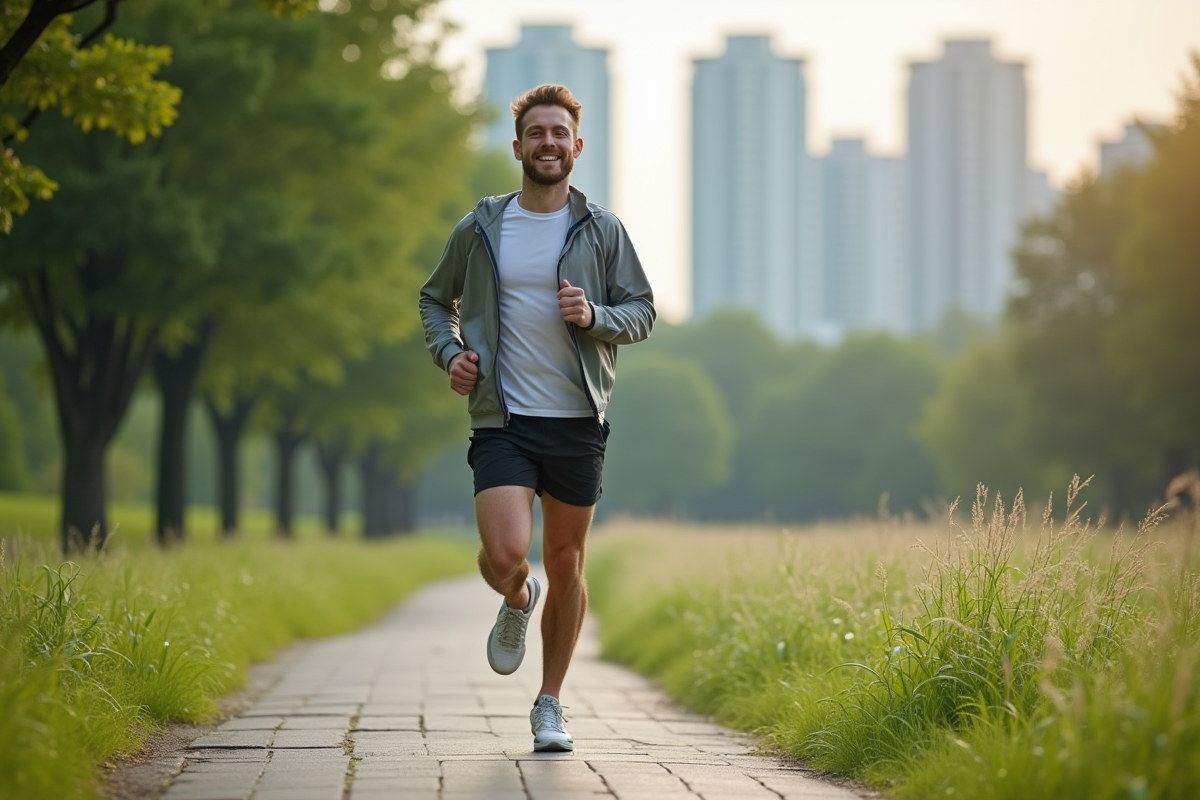 Jeune homme courant dans un parc urbain ensoleille