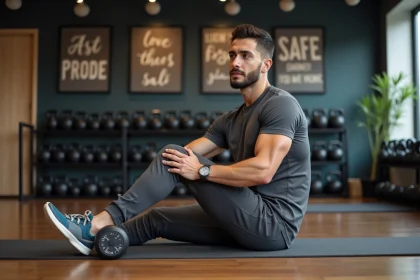 Jeune homme en sport utilisant un foam roller dans une salle moderne