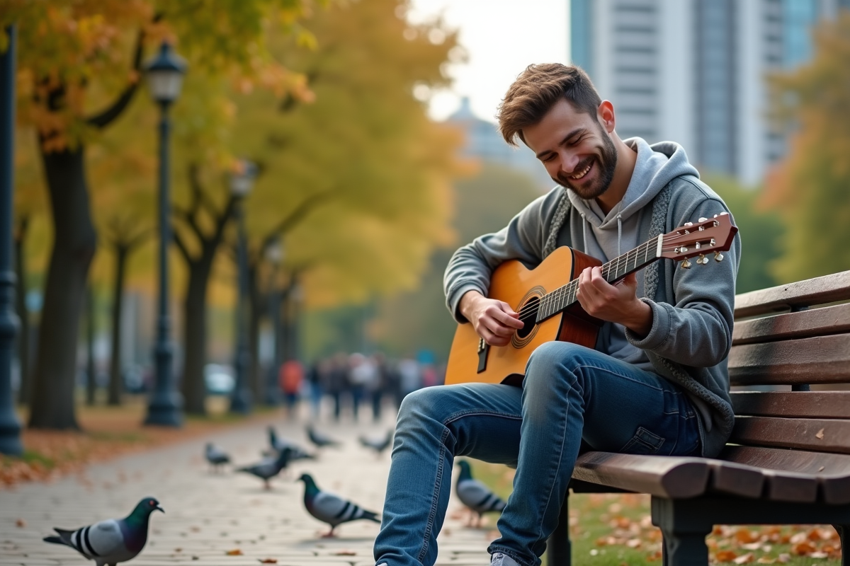 Jeune homme jouant de la guitare dans un parc