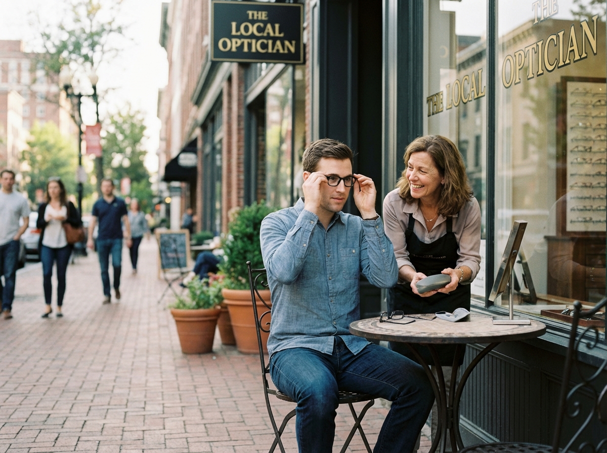 Jeune homme ajustant ses lunettes devant une boutique opticienne
