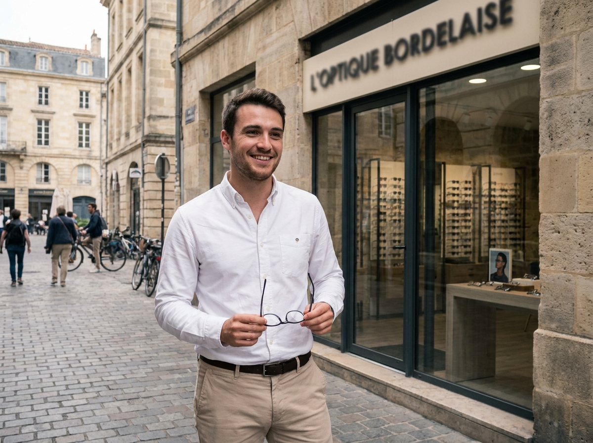 Jeune homme souriant devant une boutique d'opticien dans le centre de Bordeaux avec ses nouvelles lunettes