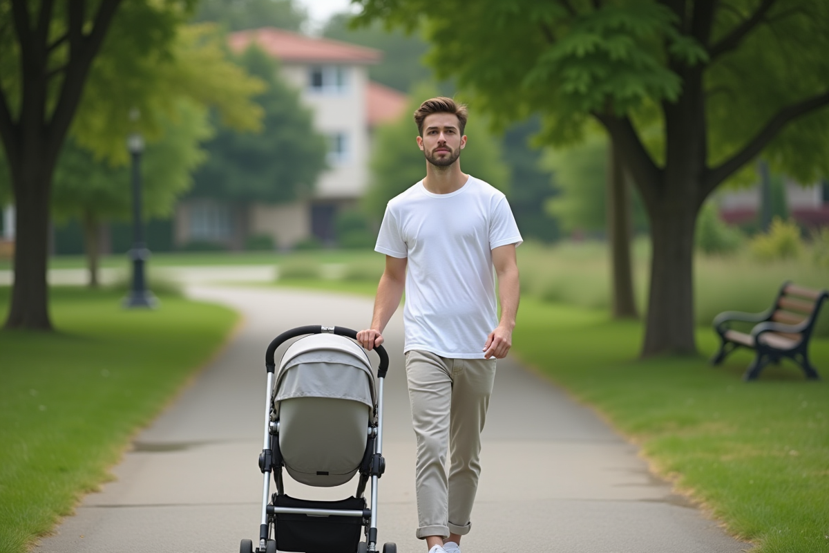 Jeune homme poussant une poussette dans un parc