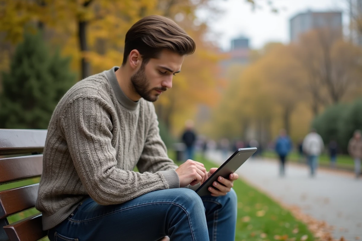 Jeune homme lisant une tablette dans un parc urbain en automne