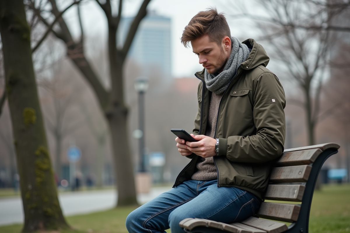Jeune homme pensif assis sur un banc dans un parc urbain