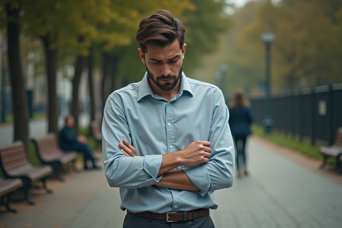 Jeune homme anxieux dans un parc urbain