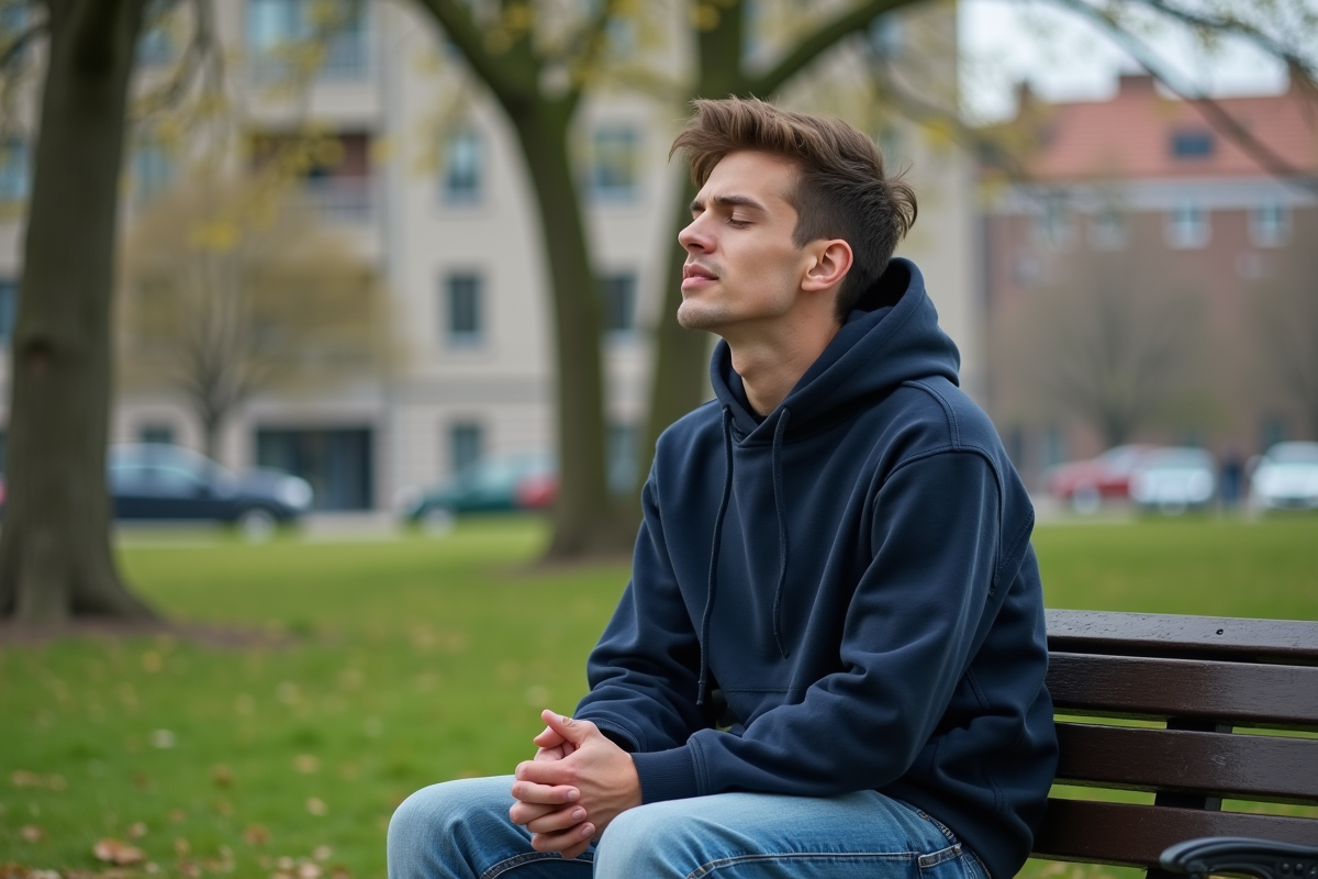 Jeune homme relaxant sur un banc dans un parc urbain
