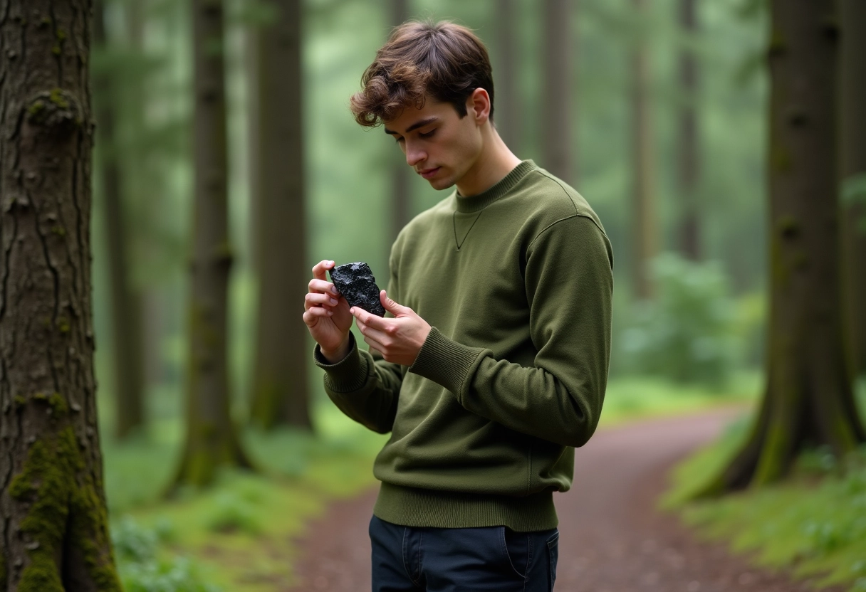 Jeune homme contemplant une tourmaline dans une forêt verdoyante